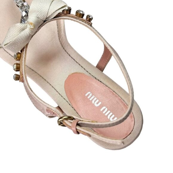 Vintage Miu Miu Sandals Sz.10 Pink Blush Crystal Embellished Bow Flats Designer - Picture 6 of 11